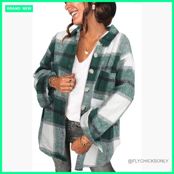 Jackets & Blazers - Brushed Plaid Flannel Shacket Jacket Long Sleeve Button Down Casual